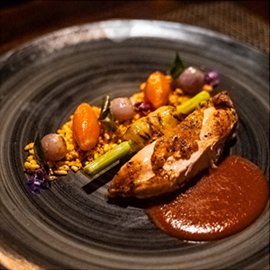 Gourmet roasted chicken dish with brown sauce